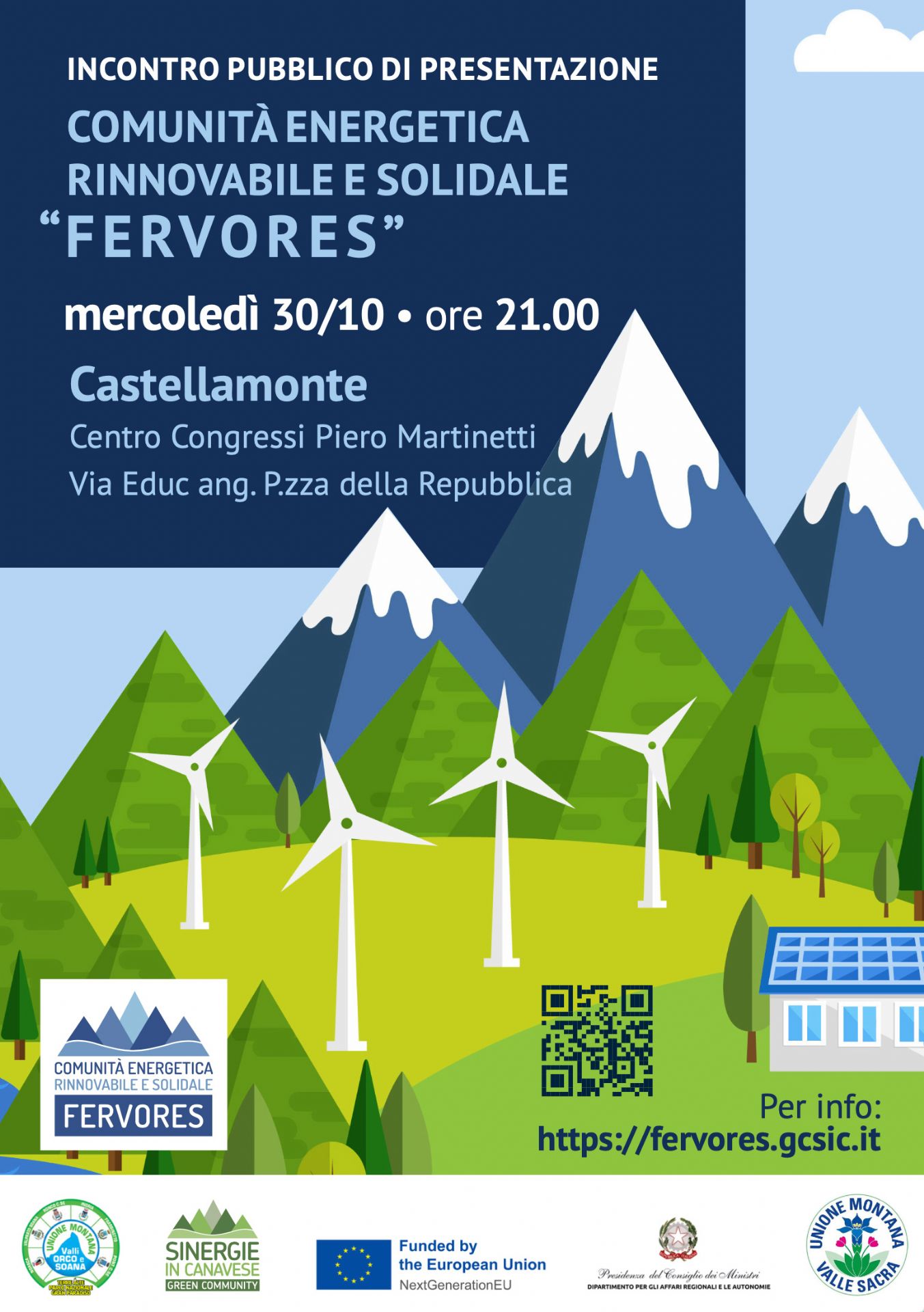 manifesto riportante delle montagne sullo sfondo ed in primo piano delle pale eoliche con la scritta incontro pubblico di presentazione comunità energetica rinnovabile e solidale “fervores” mercoledì 30/10 • ore 21.00