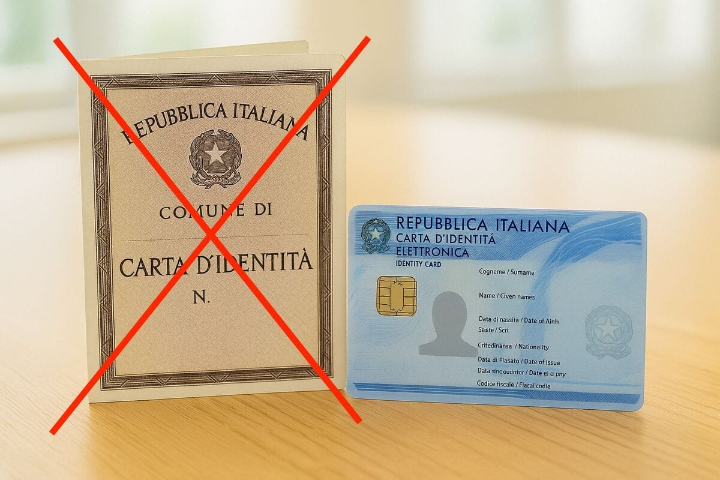 Carta di identità cartacea sbarrata da una corce rossa e carta di identità elettronica appoggiate su un supporto in legno